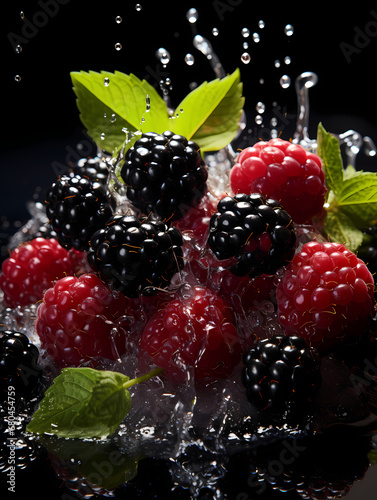 Commercial photography of cranberries and blackberries with water splash photography effect, commercial photography of fruits