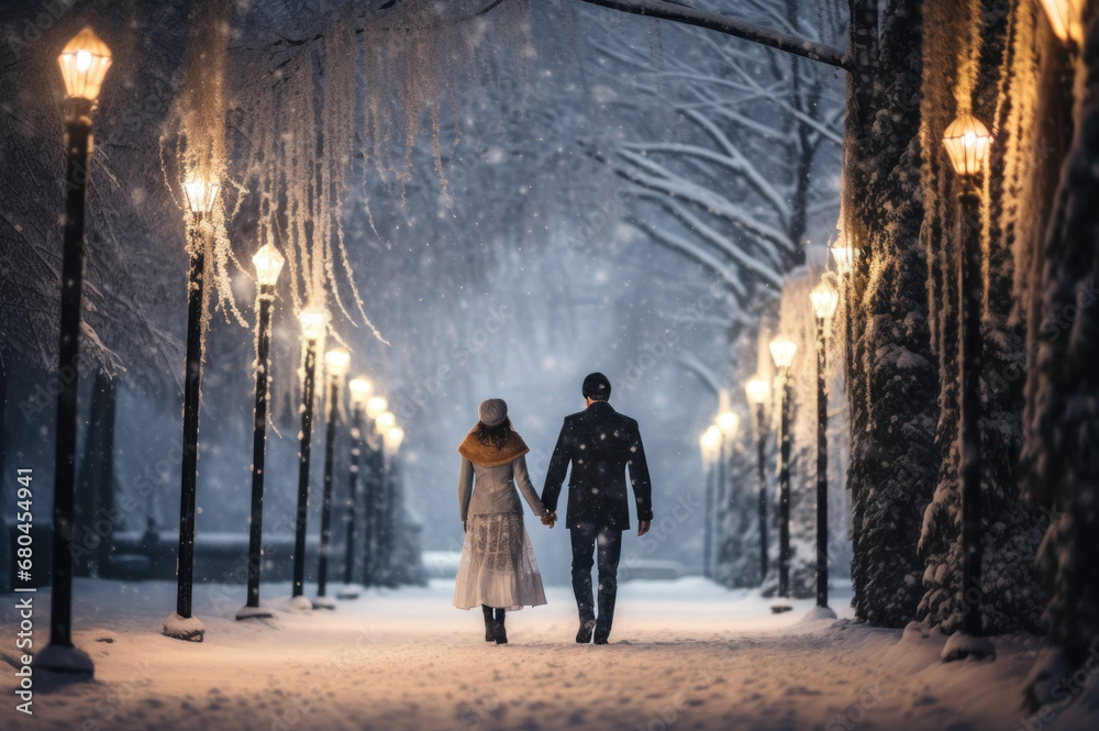 Couple walking in a winter park created with Generative AI technology