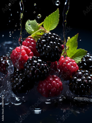 Commercial photography of cranberries and blackberries with water splash photography effect, commercial photography of fruits