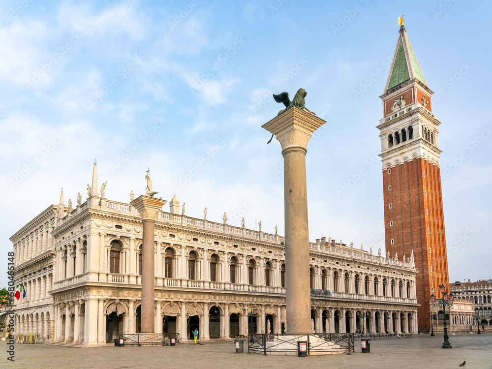Marciana Library on St Mark's Square with Campanile and lion column