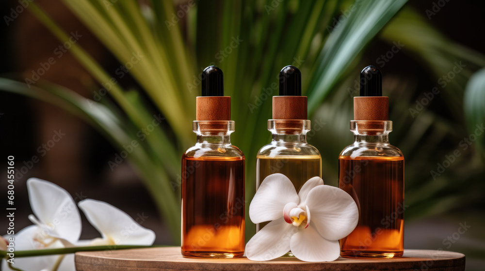 Serum in glass bottle on natural background. Aromatherapy oil, concept of natural cosmetic Serum in glass bottle on natural background. Aromatherapy oil, concept of natural cosmetic
