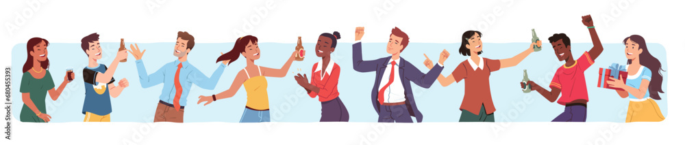 Cheerful men, women dancing, drinking alcohol drinks having party. Joyful excited friend person characters celebrating holiday event. Celebration fun pattern background flat vector illustration Cheerful men, women dancing, drinking alcohol drinks having party. Joyful excited friend person characters celebrating holiday event. Celebration fun pattern background flat vector illustration