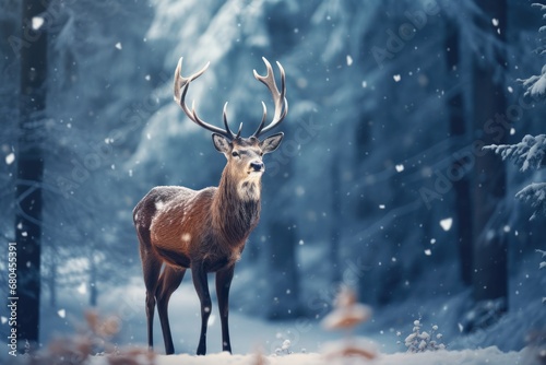 Majestic Deer In Snowy Forest, Artistic Christmas Scene © Anastasiia
