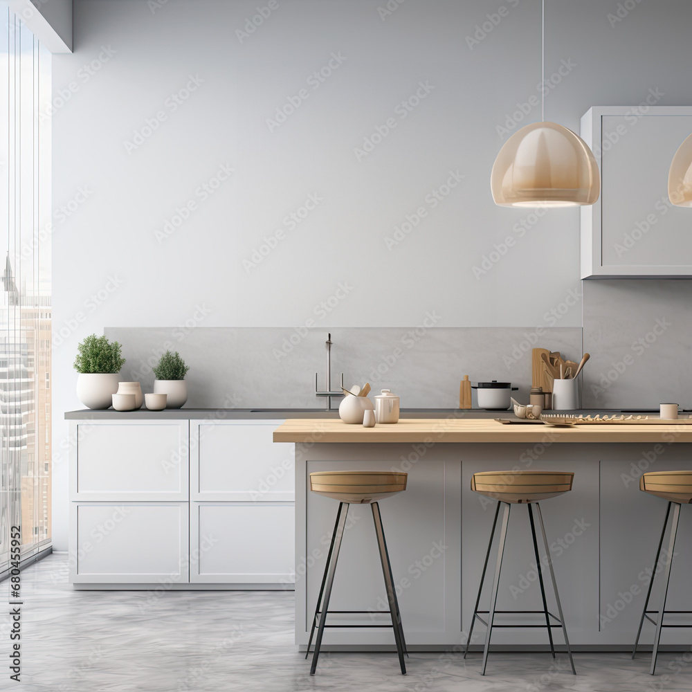 Mockup of a modern open-plan kitchen, stylish and practical.