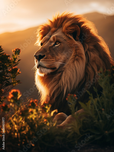 Majestic lion in nature. Generative AI.