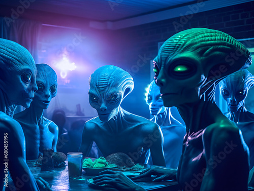 Party with aliens, UFO. Little green men. 