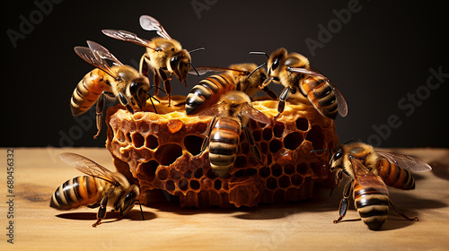 Working honey bees on honeycomb. Generative AI. © Saman