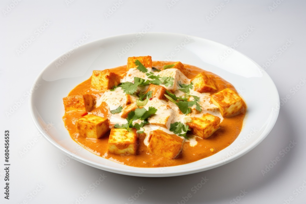 Paneer Butter Masala On White Plate On White Background Paneer Butter Masala On White Plate On White Background