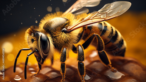 Working honey bee detailed closeup. Generative AI. © Saman