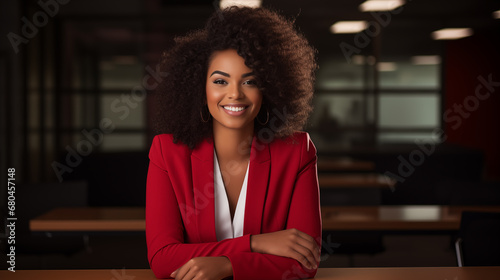 black woman's empowerment in professional office environment, strong and confident 