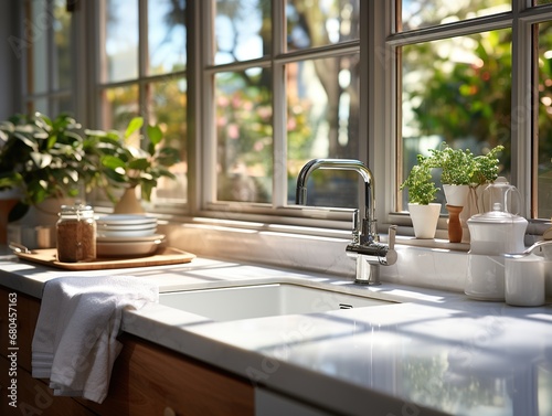 A sink built into a marble countertop in a kitchen or bathroom  overlooking the window. Chrome tap  home flowers in the bathroom. garden view