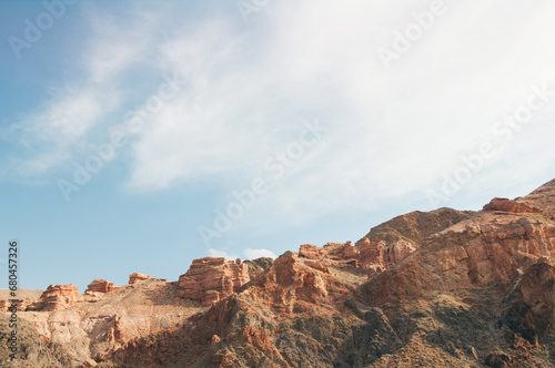 Peaks of Charyn canyon or the Grand canyon in the Republic of Kazakhstan in autumn, horizontal shot