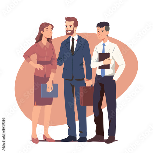 Business men, woman colleagues team meeting, discussing ideas. Smiling successful partners persons characters standing, talking. Partnership, teamwork, job occupation flat vector illustration