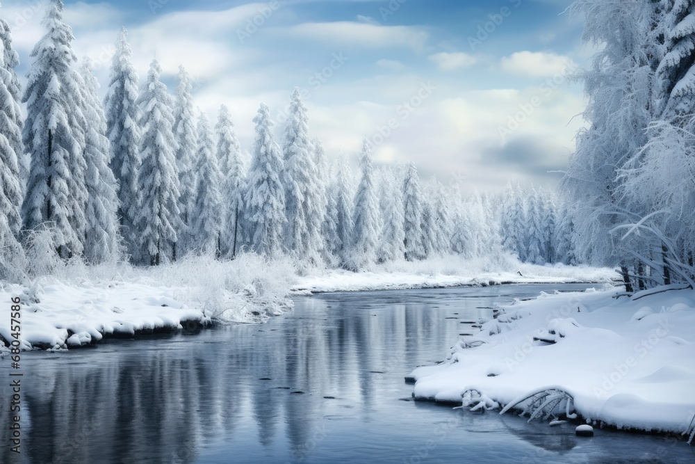 Snowy Background With Frosty Forest Landscape. Сoncept Winter Wonderland, Snowy Adventure, Cozy Woodland, Frosty Forest Landscape, Magical Snowscape