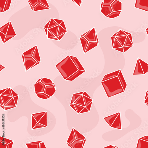 Seamless pattern of red dice for board games. Pattern of D 4, 6, 8, 10, 12 and