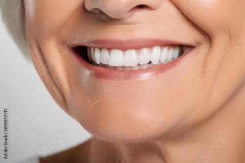 Senior Woman With Dental Veneers Or Dentures  Looking Happy