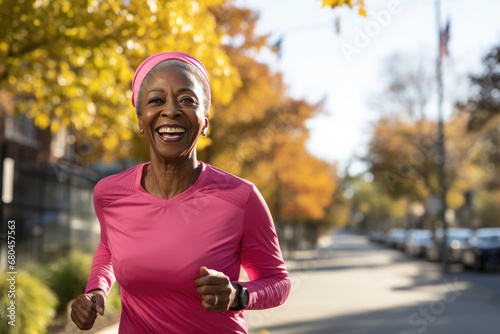 Smiling Yearold African Woman Running Outside On Sunny Day photo