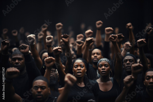 Multi ethnic people raising their fists up in the air in the National Martin Lutter King's Day. Black Lives Matter movement and highlighting racial inequality concept. Generative AI. © lensofcolors