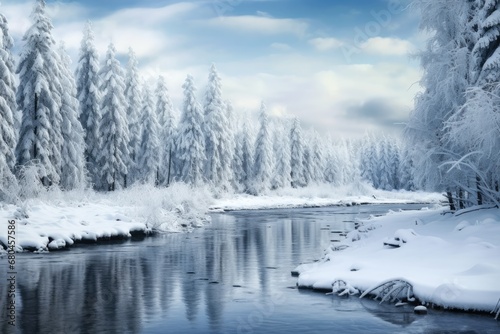 Snowy Background With Frosty Forest Landscape. Сoncept Winter Wonderland, Snowy Adventure, Cozy Woodland, Frosty Forest Landscape, Magical Snowscape © Anastasiia