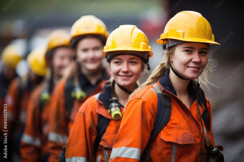 Group of working women with hardhat and orange reflective suits. Concept of working women's rights and women’s rights movement. Ai generated.