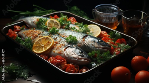 Ocean's Bounty: A Panoply of Fresh Seafood and Vibrant Vegetables Glistening on a Bed of Ice	