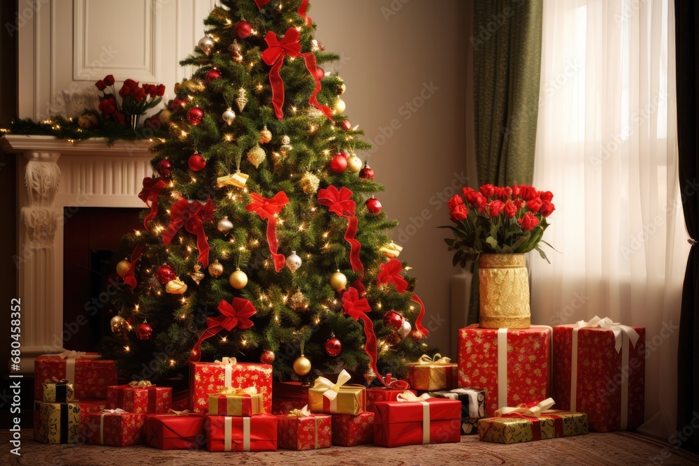 Traditional Christmas Tree Adorned With Presents
