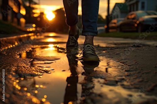 Womans Feet Jogging Through Puddles At Sunrise