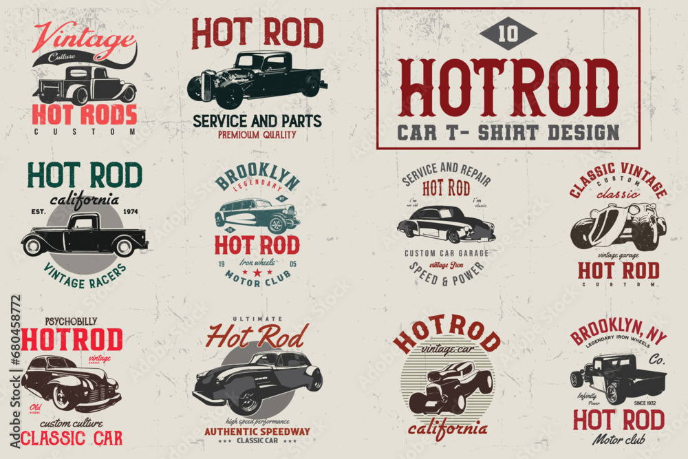 Hotrod Car Vector T-shirt Design Bundle. American hotrod classic car t-shirt graphic. vintage hot rod cars tee shirts.