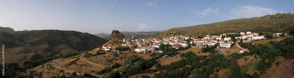 Panoramic view of the entire town of Huélamo, Cuenca.       