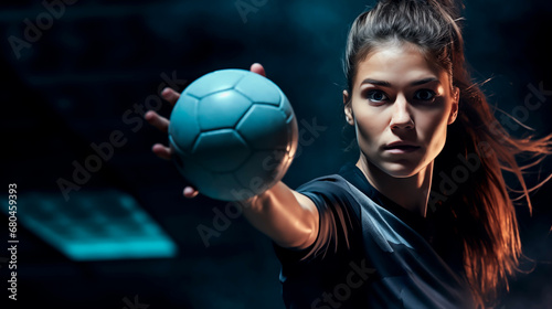 Focused female athlete in action, dynamic handball game moment, competitive sports
