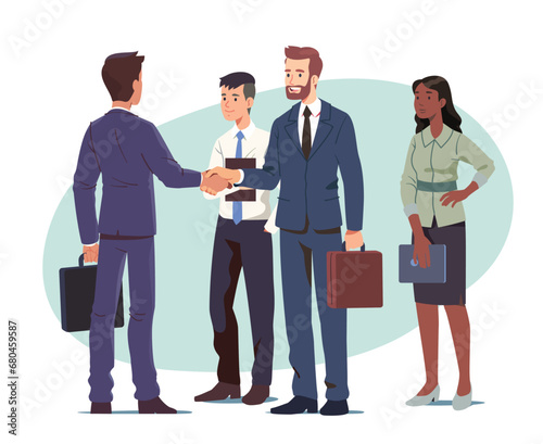 Business men shaking hands reaching agreement. Successful businesspeople partners closing deal standing with colleagues team. Partnership success, cooperation, handshake flat vector illustration