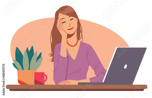 Relaxed business woman dreaming sitting at office workplace desk with laptop computer. Dreamy person leaning on hand relaxing during break at work. Relaxation, procrastination flat vector illustration