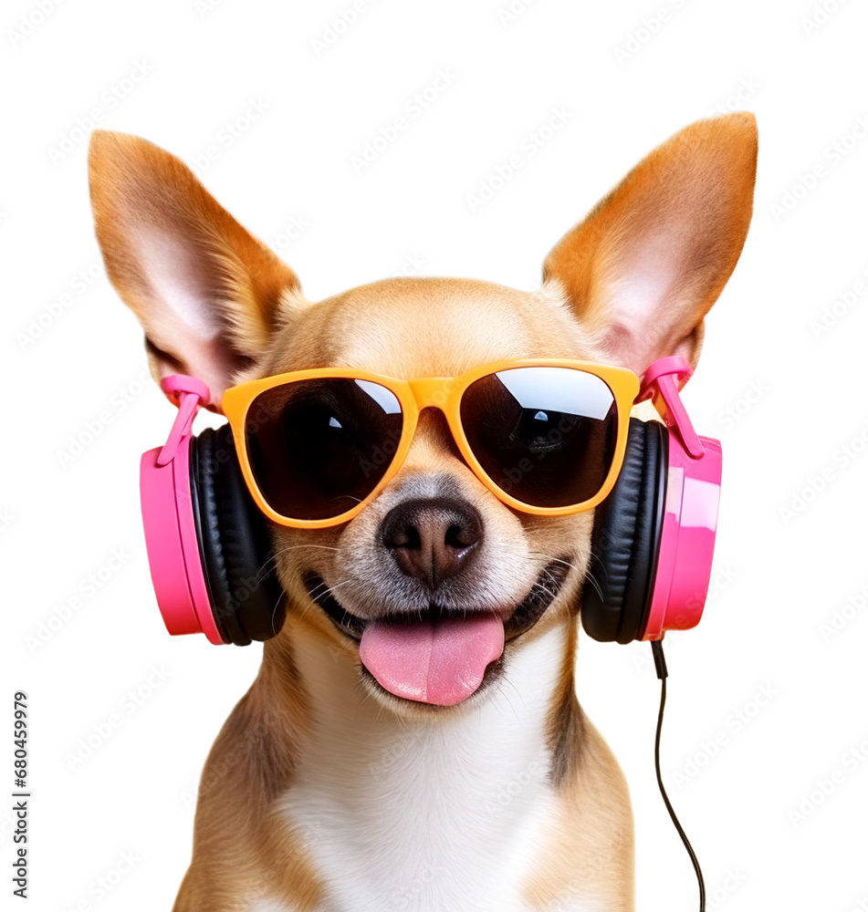 Funny dog with headphones isolated on a transparent background.