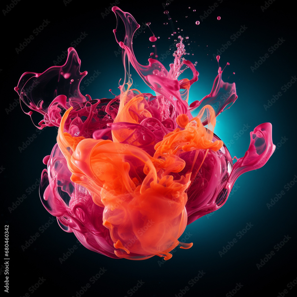 Orange-red liquid splashed on a black background, in the style of dark pink, mysterious surrealism, volumetric lighting, and staged background. For collage.