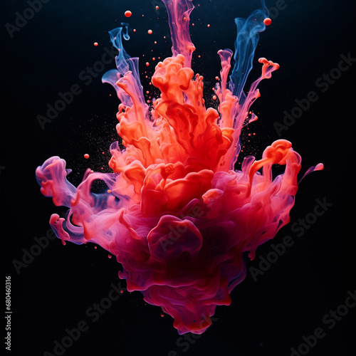 Orange-red liquid splashed on a black background, in the style of dark pink, mysterious surrealism, volumetric lighting, and staged background. For collage. © A LOT ABOUT EVERYTHI