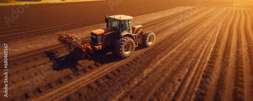 Tractor on the field by sunset. top or aerial view