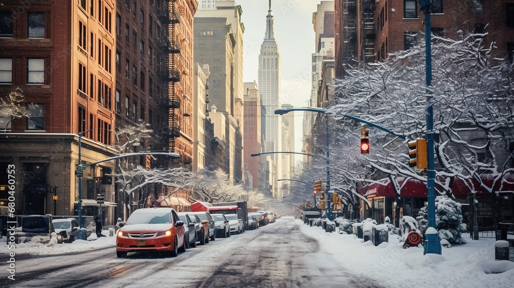 Central street in New York under the snow - obrazy, fototapety, plakaty 