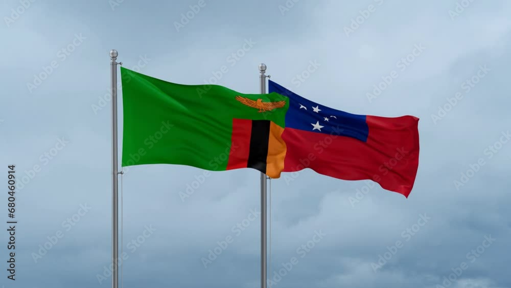 Samoa and Zambia flag waving together on cloudy sky, endless seamless loop, two country cooperation concept Samoa and Zambia flag waving together on cloudy sky, endless seamless loop, two country cooperation concept