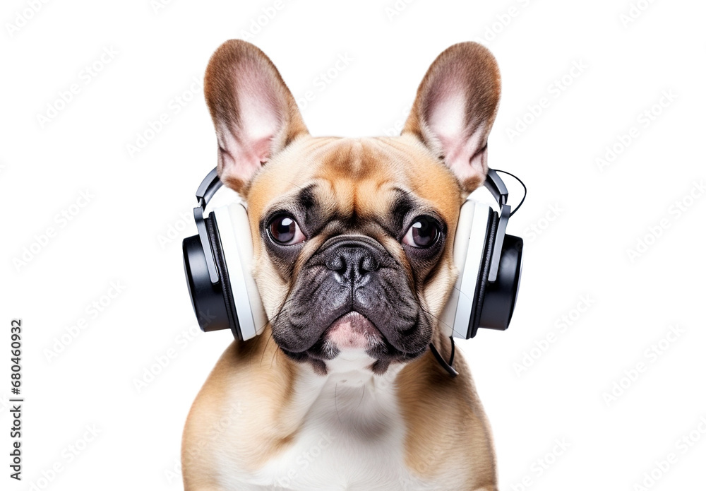Pug with headphones isolated on transparent background.