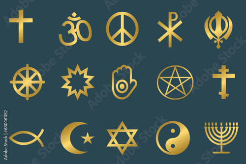 Set of golden religious symbols, gold religion symbols, signs