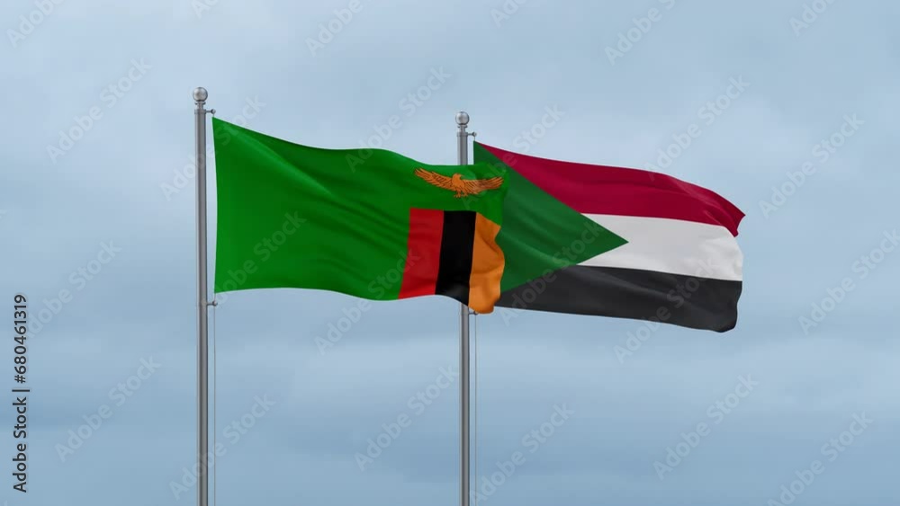 Sudan and Zambia flag waving together on cloudy sky, endless seamless loop, two country cooperation concept Sudan and Zambia flag waving together on cloudy sky, endless seamless loop, two country cooperation concept