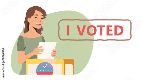 Voter woman casting ballot putting paper with vote into election box. Person voting in favor or against candidate making decision at polling place. I voted text agitation flat vector illustration