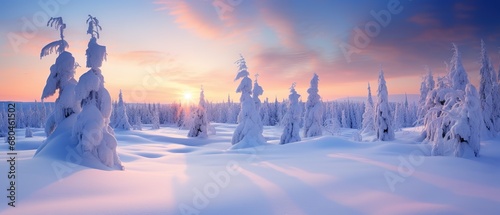 Beautiful winter snowy natural landscape at sunset