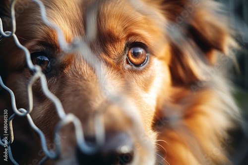 Close up of a stray dog in the quarantine cage background .