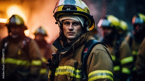 selective focus of firefighter with water hose extinguishing fire on street