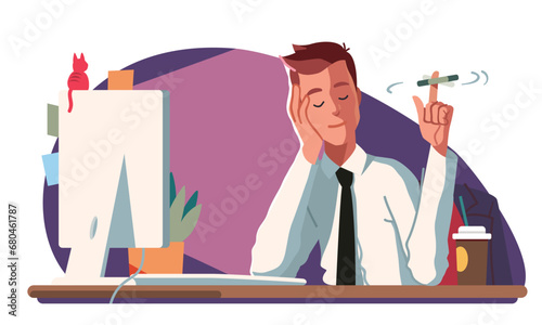 Bored business man worker procrastinating at computer work desk. Tired employee person playing with pen at office workplace. Procrastination, laziness, productivity problem flat vector illustration