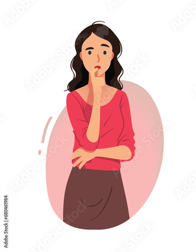 Confused woman in doubt thinking. Puzzled thoughtful lady person cartoon character touching mouth pondering. Confusion facial expression, uncertainty problem, contemplation flat vector illustration
