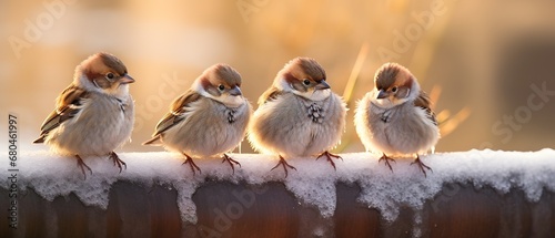 Frozen sparrows sitting on a frosty winter morning