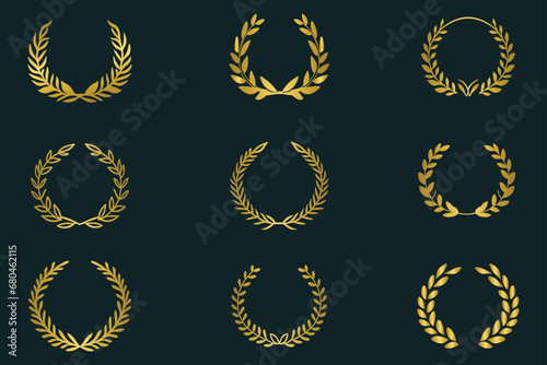 Set of golden laurel wreath, collection of gold wreaths and branches with leaves