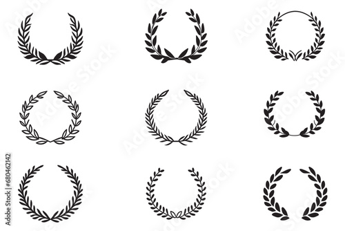 Set of laurel wreath, collection of wreaths and branches with leaves